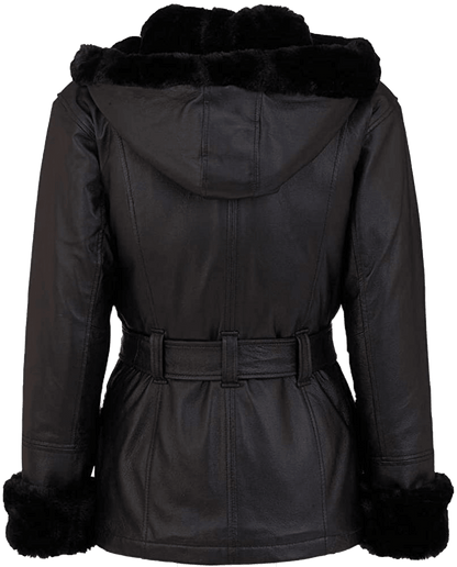 Women’s Furry Genuine Black Leather Faux Fur Coat With Hoodie | Womens Black Leather Jacket Faux Fur Sherling Coat - Button Stitched