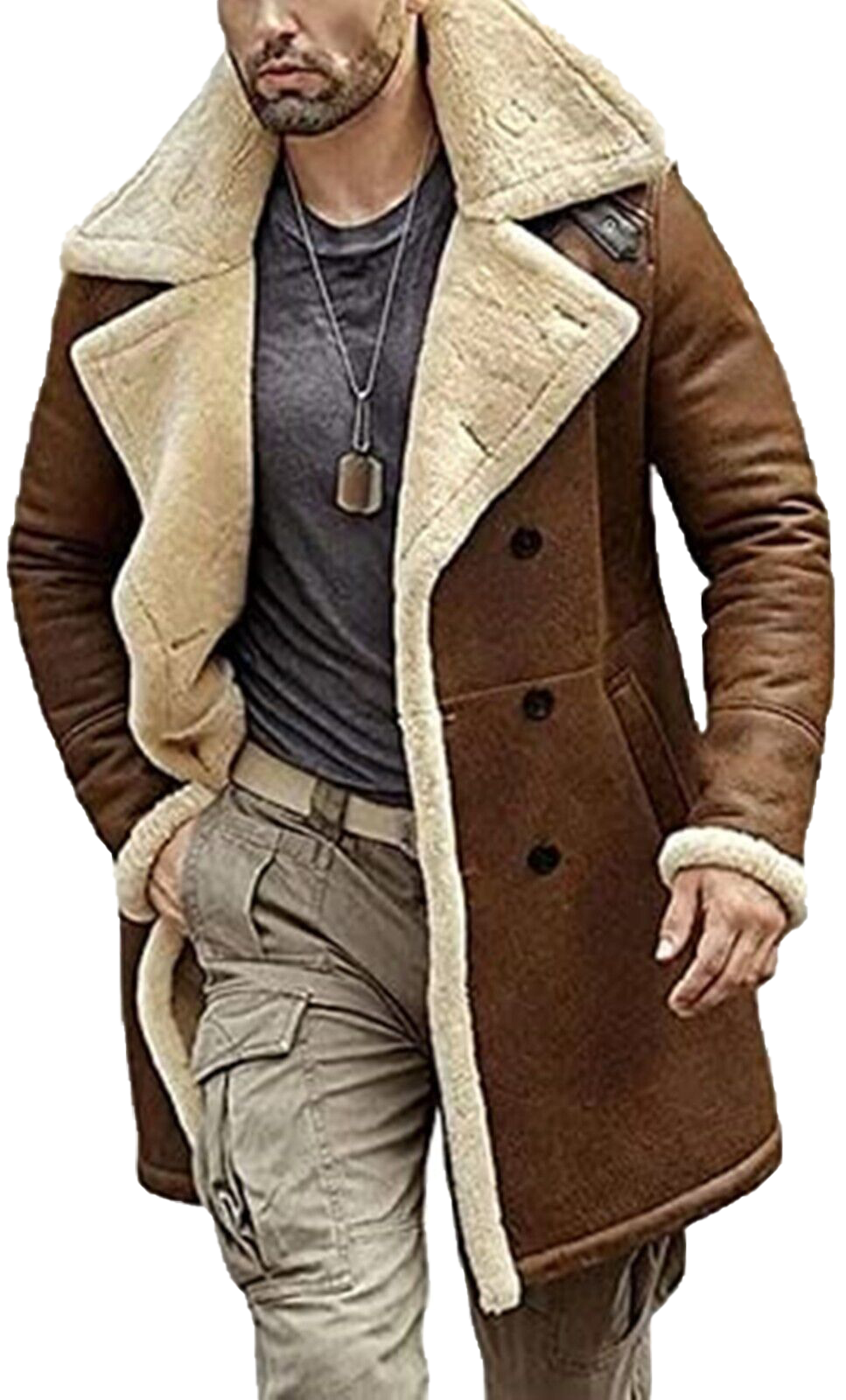 B3 Brown Bomber Genuine Sheepskin Artificial Fur Leather Coat | Mens Artificial Fur Leather Coat - Button Stitched