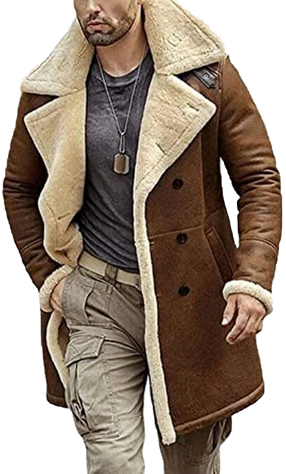 B3 Brown Bomber Genuine Sheepskin Artificial Fur Leather Coat | Mens Artificial Fur Leather Coat - Button Stitched