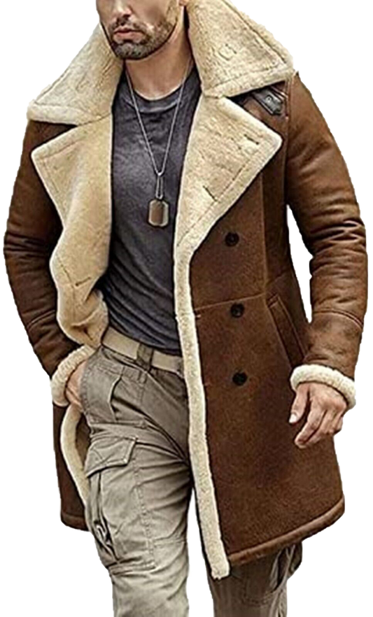 B3 Brown Bomber Genuine Sheepskin Artificial Fur Leather Coat | Mens Artificial Fur Leather Coat - Button Stitched