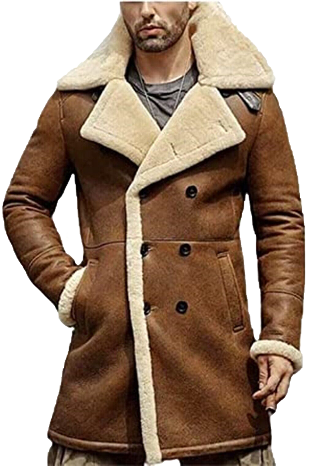 B3 Brown Bomber Genuine Sheepskin Artificial Fur Leather Coat | Mens Artificial Fur Leather Coat - Button Stitched