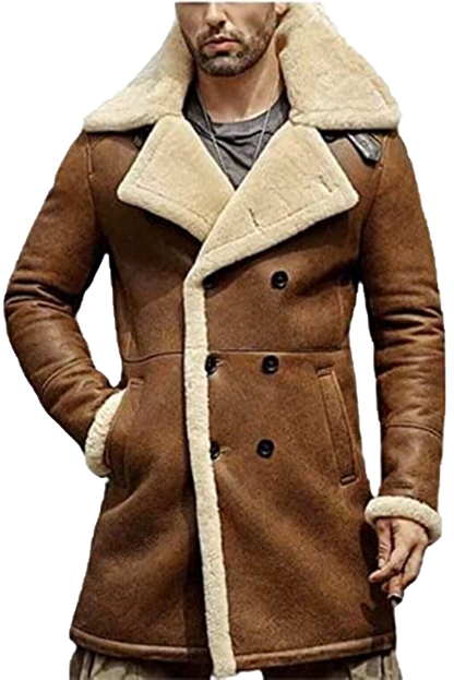 B3 Brown Bomber Genuine Sheepskin Artificial Fur Leather Coat | Mens Artificial Fur Leather Coat - Button Stitched