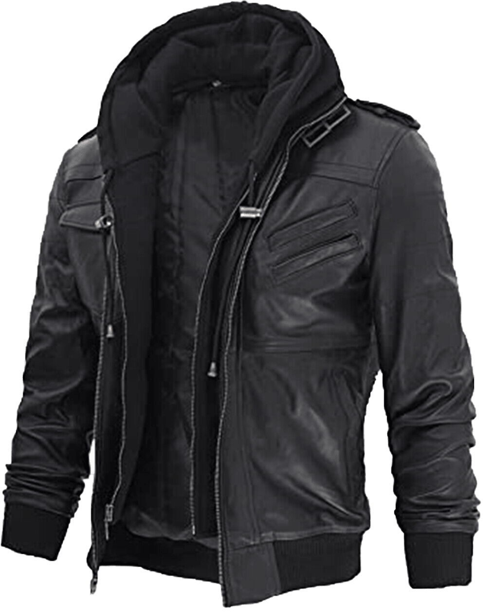 Men Black Leather Motorcycle Jacket with Removable Hood | Men Black Motorcycle Leather Jacket with Removable Hood - Button Stitched