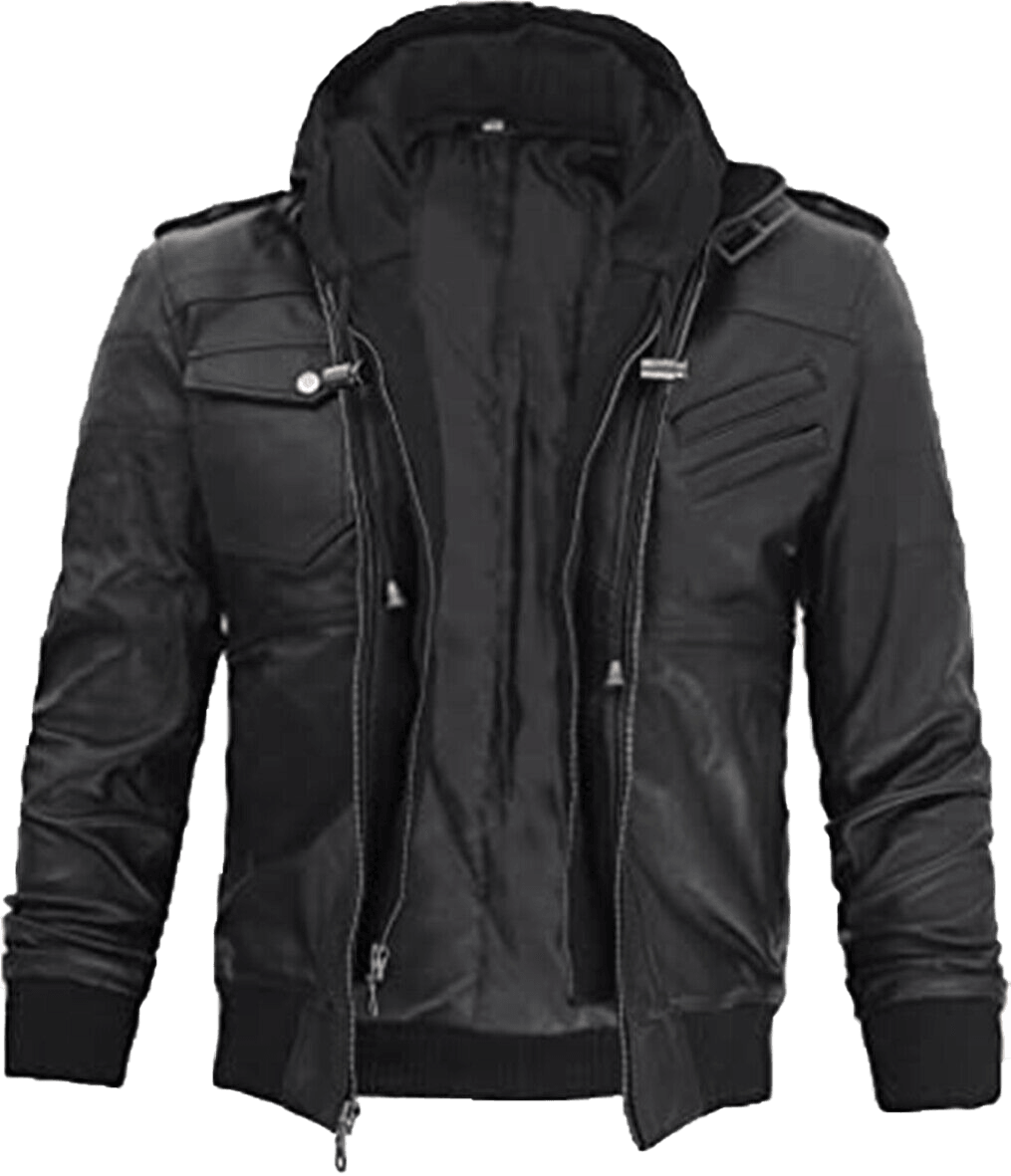 Men Black Leather Motorcycle Jacket with Removable Hood | Men Black Motorcycle Leather Jacket with Removable Hood - Button Stitched