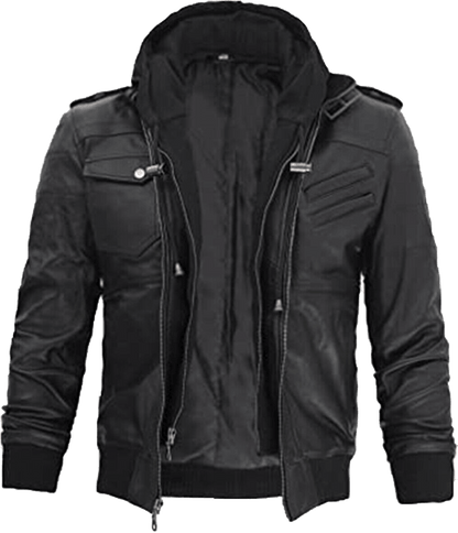 Men Black Leather Motorcycle Jacket with Removable Hood | Men Black Motorcycle Leather Jacket with Removable Hood - Button Stitched