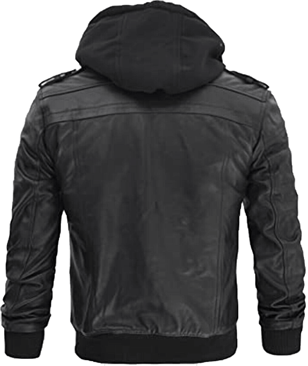 Men Black Leather Motorcycle Jacket with Removable Hood | Men Black Motorcycle Leather Jacket with Removable Hood - Button Stitched