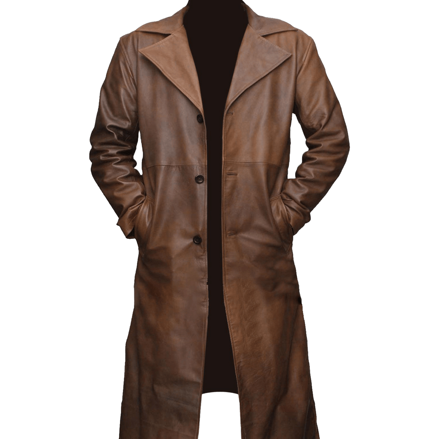 Men’s Waxed Brown Genuine Leather Trench Coat | Mens Waxed Brown Leather Trench Coat - Button Stitched