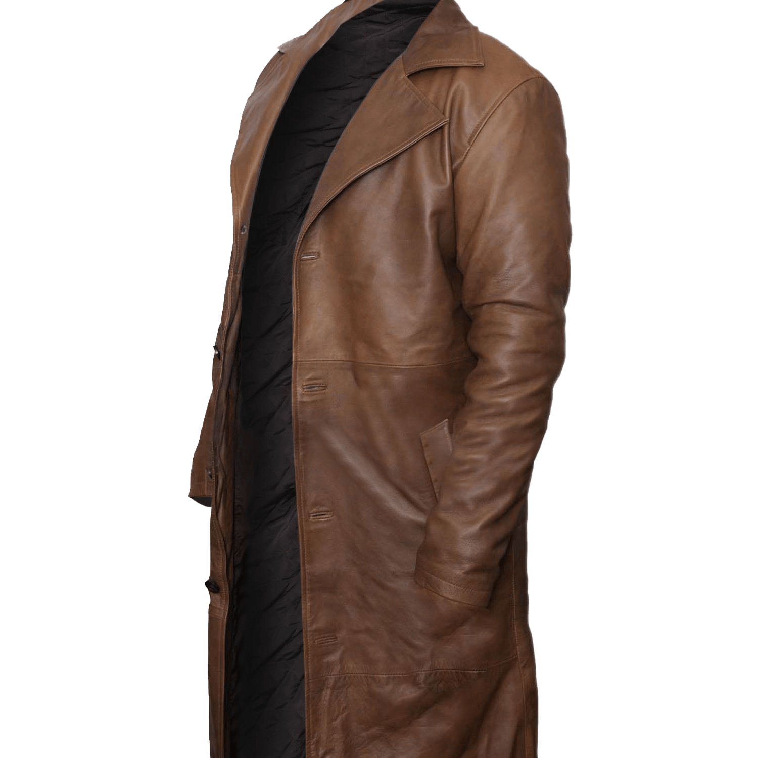 Men’s Waxed Brown Genuine Leather Trench Coat | Mens Waxed Brown Leather Trench Coat - Button Stitched