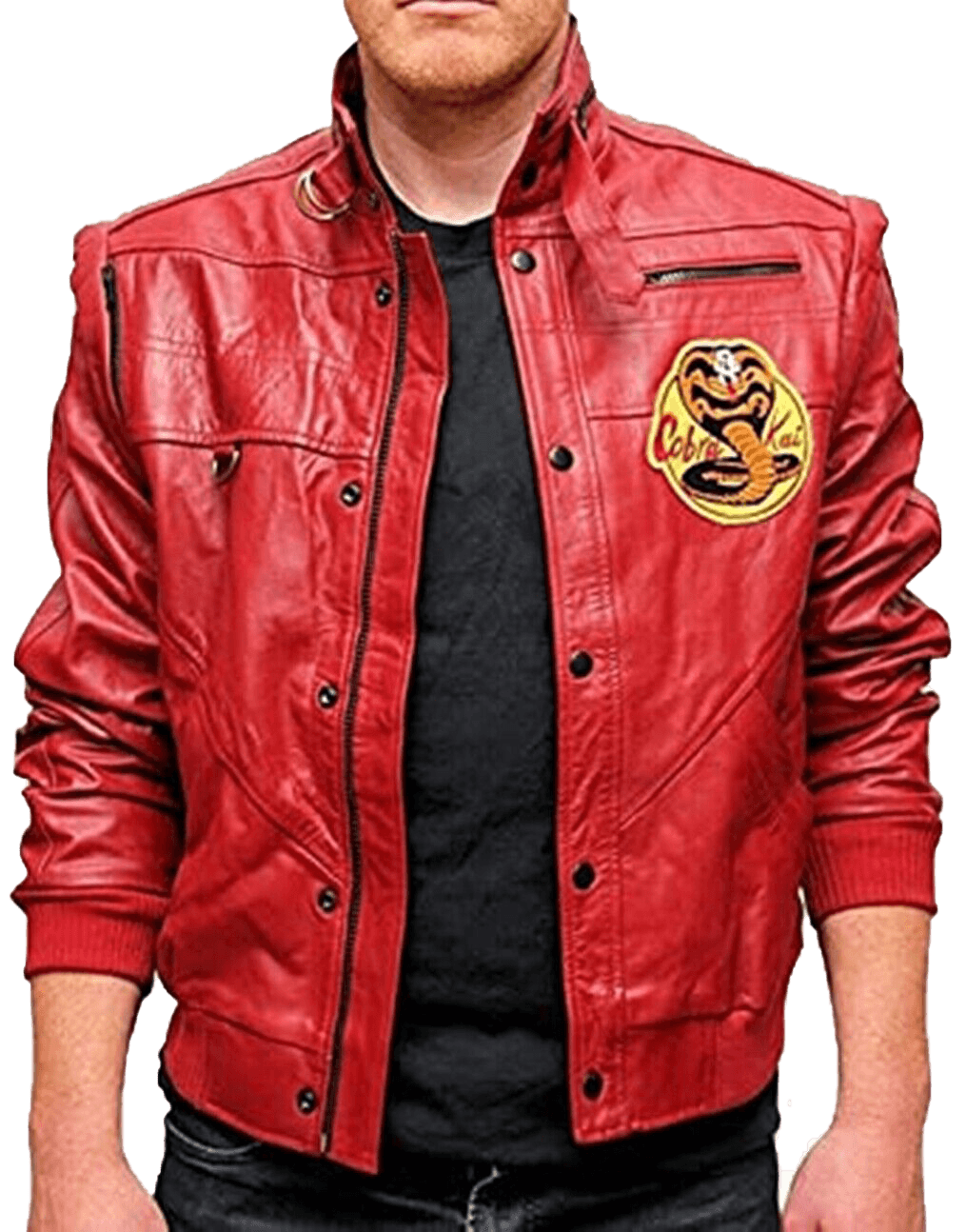 Johnny Lawrence's Red Leather Motorcycle Jacket - Cobra Kai Edition | Stylish Red Bomber Leather Jacket - Button Stitched