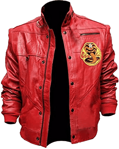 Johnny Lawrence's Red Leather Motorcycle Jacket - Cobra Kai Edition | Stylish Red Bomber Leather Jacket - Button Stitched
