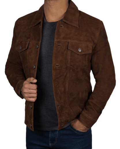 Men's Logan Cowboy Style Brown Suede Leather Jacket - Button Stitched