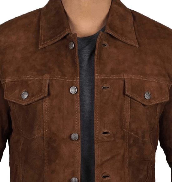 Men's Logan Cowboy Style Brown Suede Leather Jacket - Button Stitched