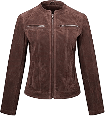 Women's Moto Brown Suede Biker Leather Jacket Coat | Women Moto Brown Suede Leather Jacket - Button Stitched