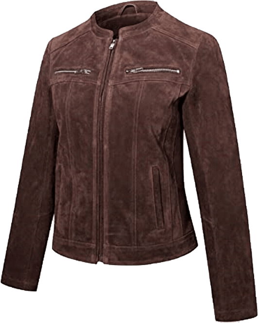 Women's Moto Brown Suede Biker Leather Jacket Coat | Women Moto Brown Suede Leather Jacket - Button Stitched