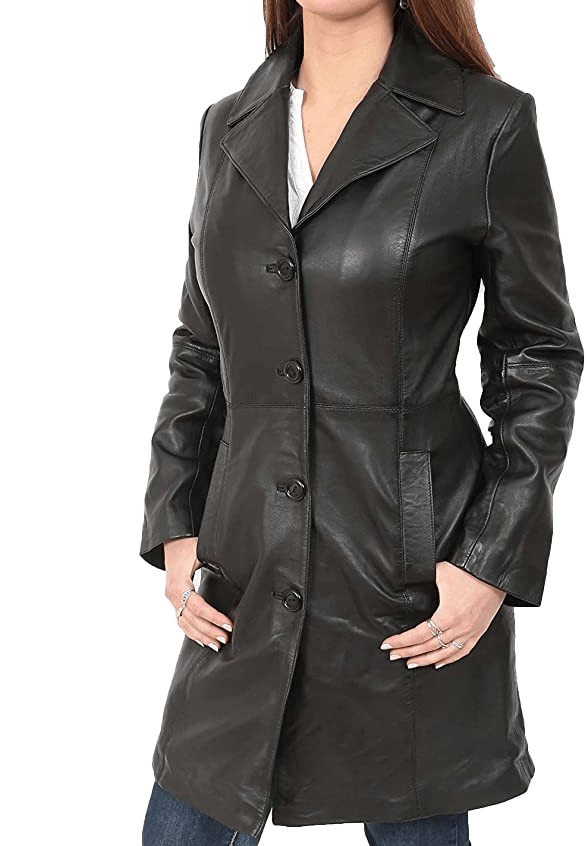 Women’s Quarter Leather Pea Coat | Womens Black Leather Pea Coat - Button Stitched