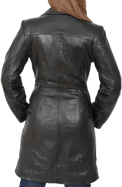 Women’s Quarter Leather Pea Coat | Womens Black Leather Pea Coat - Button Stitched