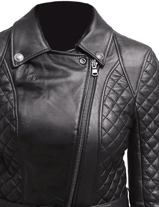 Women's Quilted Slim Fit Fabulous Real Leather Pea Coat Jacket | Womens Black Quilted Black Pea Coat