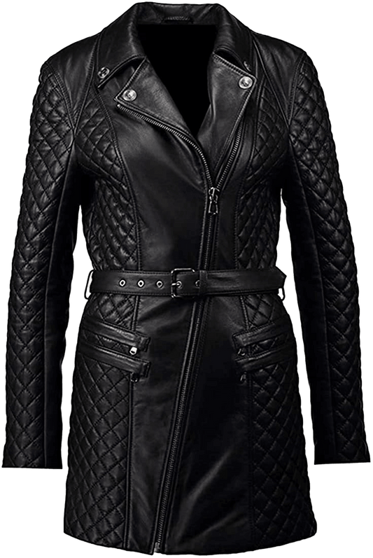 Women's Quilted Slim Fit Fabulous Real Leather Pea Coat Jacket | Womens Black Quilted Black Pea Coat