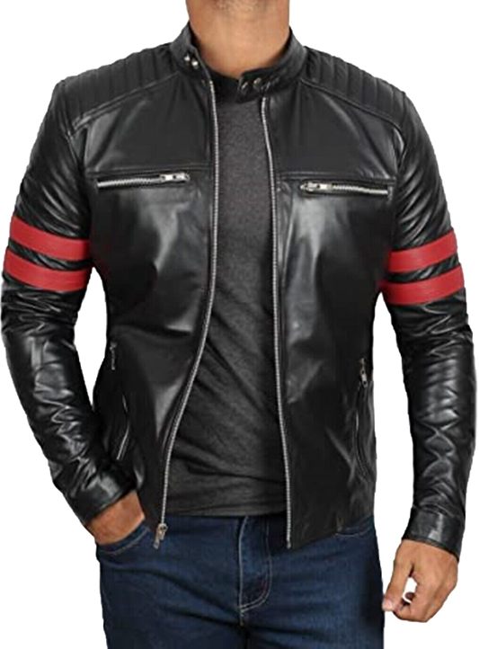 Mens Black Cafe Racer Retro 100% Real Lambskin Leather Jacket | Mens Black Cafe Racer Leather Jacket - Button Stitched