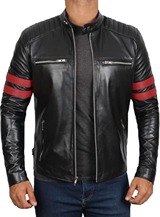 Mens Black Cafe Racer Retro 100% Real Lambskin Leather Jacket | Mens Black Cafe Racer Leather Jacket - Button Stitched