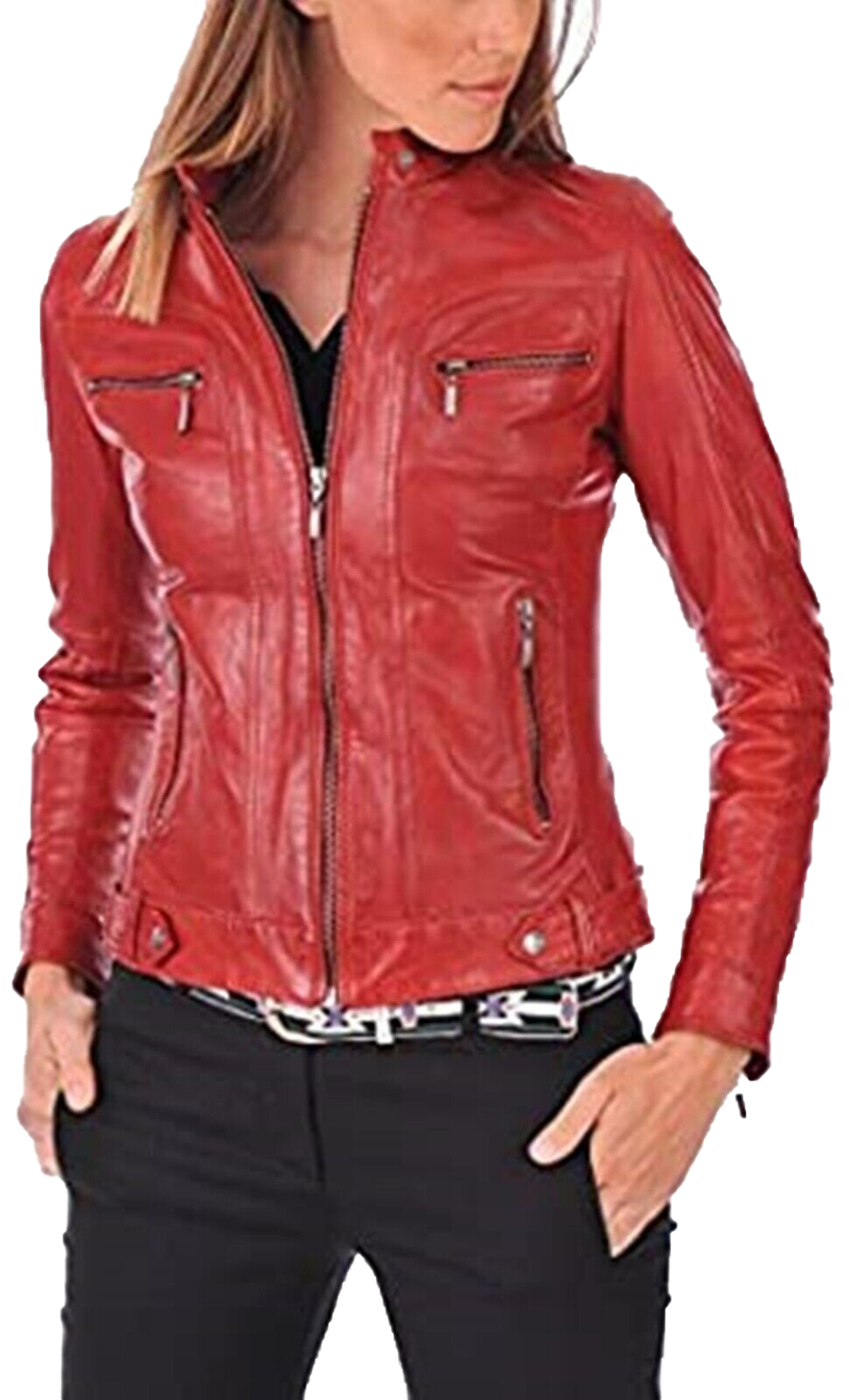 Womens Leather Jackets Motorcycle Bomber Biker Real Leather Jacket | Women Real Leather Jacket - Button Stitched