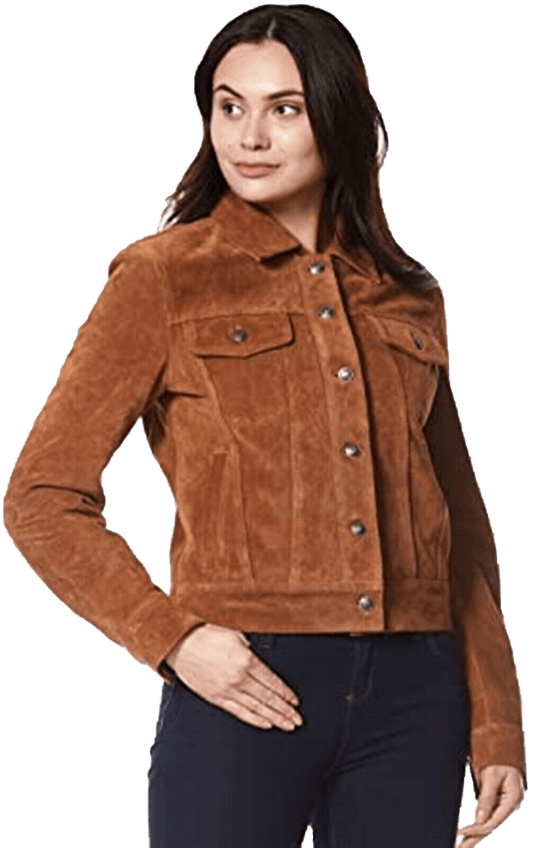 Women Trucker Real Leather Jacket Tan Suede Casual Fashion Shirt Jacket 1680 | Women Trucker Suede Leather Jacket - Button Stitched