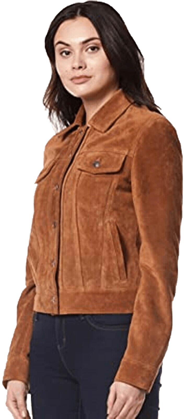 Women Trucker Real Leather Jacket Tan Suede Casual Fashion Shirt Jacket 1680 | Women Trucker Suede Leather Jacket - Button Stitched
