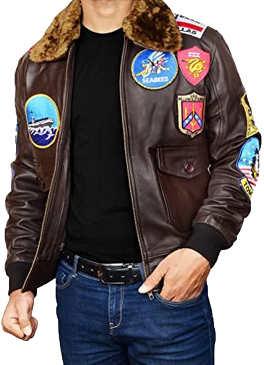 Mens Topgun Aviator USAAF Fur Collar Pilot Flying Tom Cruise Multiple Patches - Button Stitched