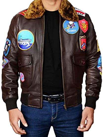 Mens Topgun Aviator USAAF Fur Collar Pilot Flying Tom Cruise Multiple Patches - Button Stitched
