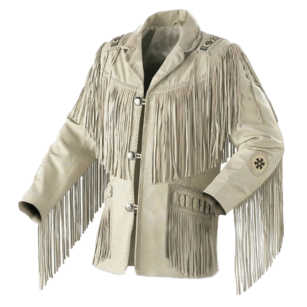 Men Native American Western Cowboy Leather Jacket Suede Leather Fringe & Beaded - Button Stitched
