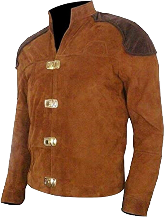 Men's Warriors Pilot star Battle Brown Real Suede Leather Jacket | Real Suede Leather Jacket - Button Stitched