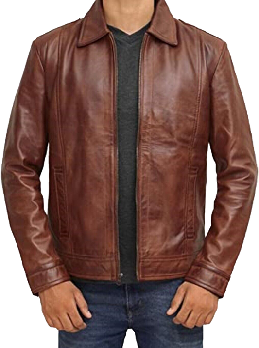 Mens Waxed Brown Leather Jacket Men Real Lambskin Leather Jacket | Mens Waxed Brown Lambskin Leather Jacket - Button Stitched