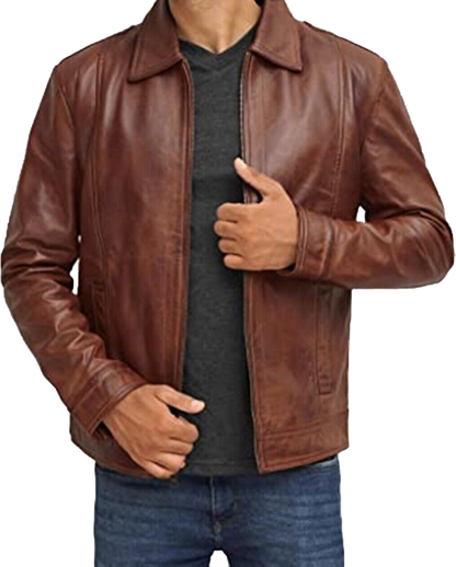 Mens Waxed Brown Leather Jacket Men Real Lambskin Leather Jacket | Mens Waxed Brown Lambskin Leather Jacket - Button Stitched