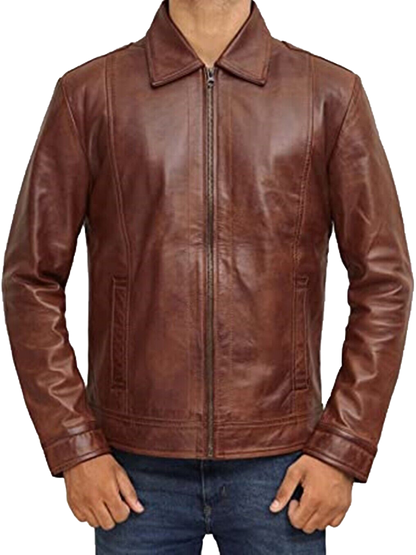 Mens Waxed Brown Leather Jacket Men Real Lambskin Leather Jacket | Mens Waxed Brown Lambskin Leather Jacket - Button Stitched