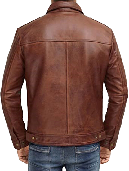 Mens Waxed Brown Leather Jacket Men Real Lambskin Leather Jacket | Mens Waxed Brown Lambskin Leather Jacket - Button Stitched