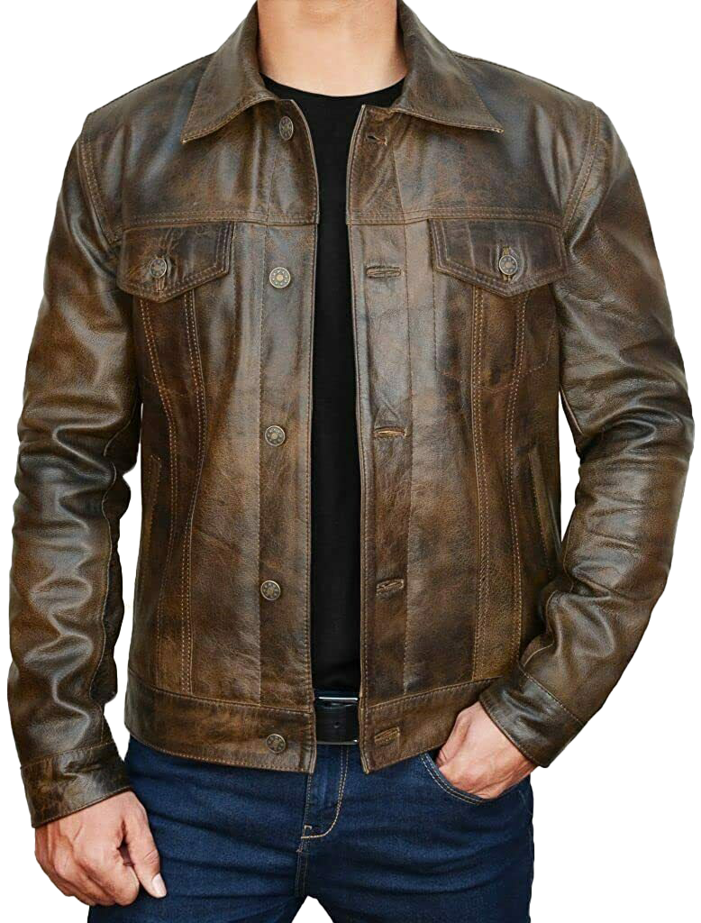 Western Trucker Leather Shirt Jacket Over Shirt Button Down Moto Motorcycle Coat | Leather Jacket Motorcycle Coat - Button Stitched