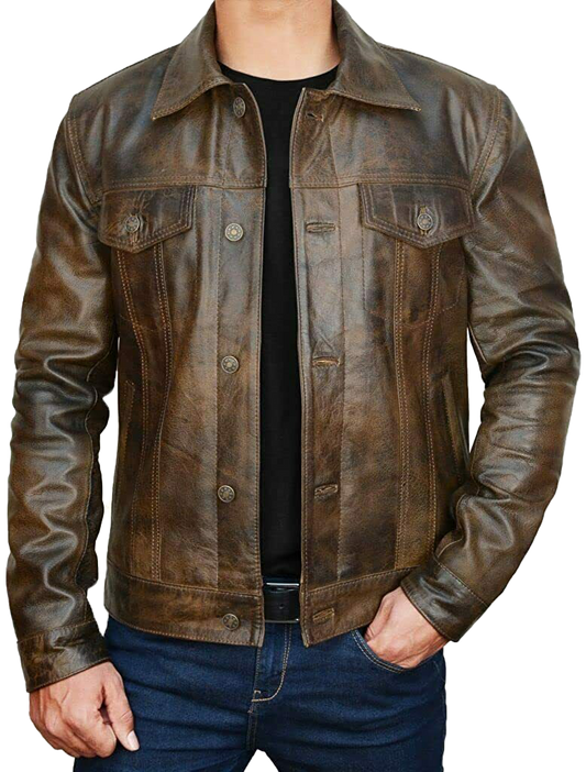 Western Trucker Leather Shirt Jacket Over Shirt Button Down Moto Motorcycle Coat | Leather Jacket Motorcycle Coat - Button Stitched