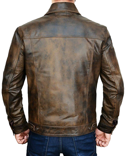 Western Trucker Leather Shirt Jacket Over Shirt Button Down Moto Motorcycle Coat | Leather Jacket Motorcycle Coat - Button Stitched