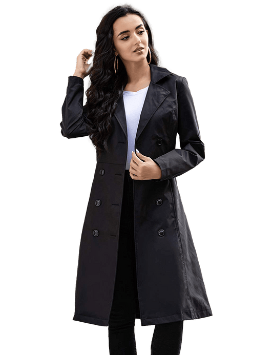 Women's Black Double-Breasted Belted Trench Coat | Womens Long Pea Coat