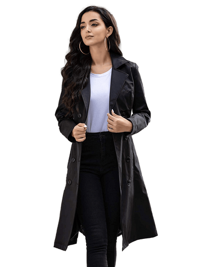 Women's Black Double-Breasted Belted Trench Coat | Womens Long Pea Coat