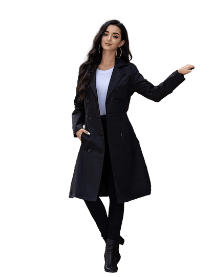 Women's Black Double-Breasted Belted Trench Coat | Womens Long Pea Coat