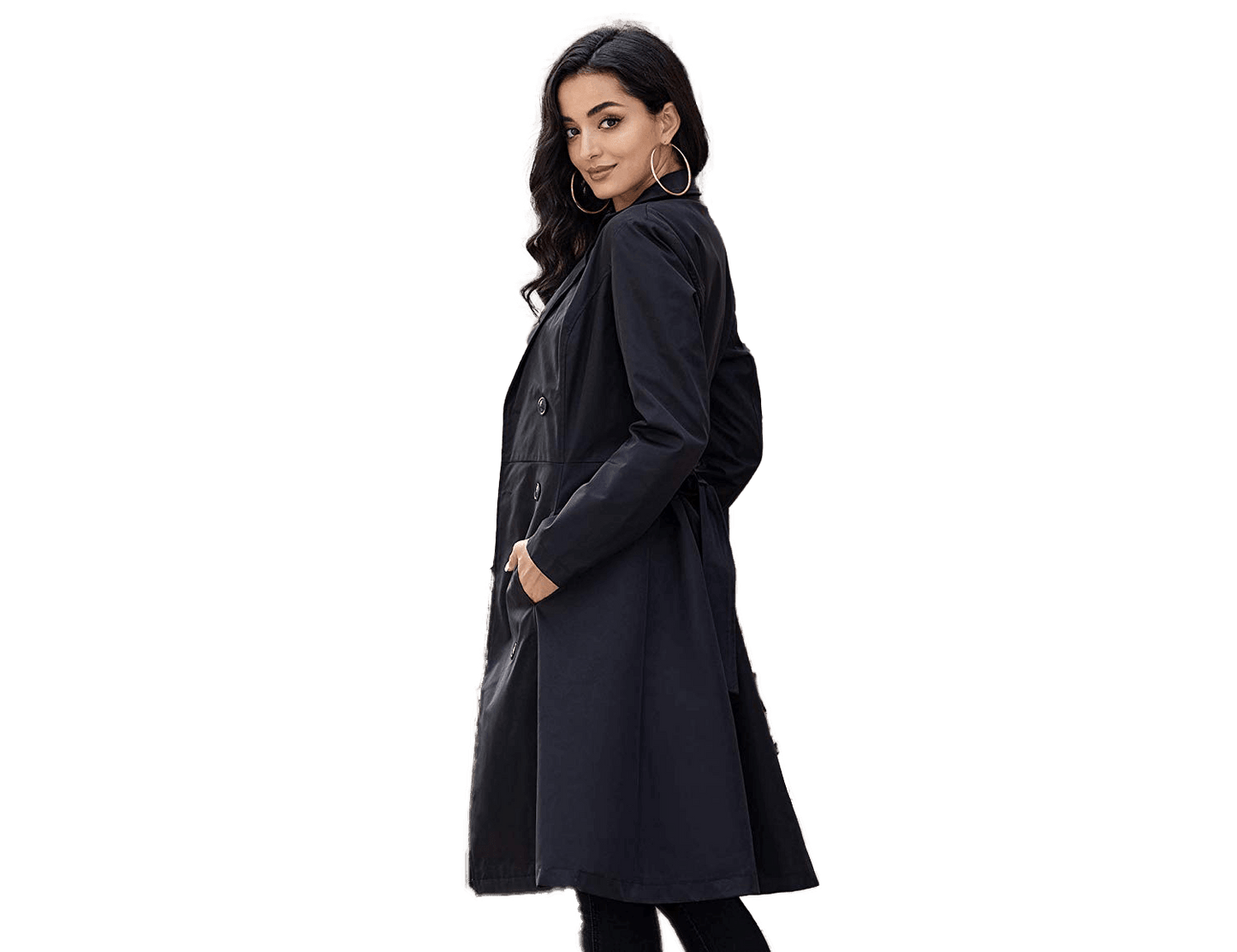 Women's Black Double-Breasted Belted Trench Coat | Womens Long Pea Coat